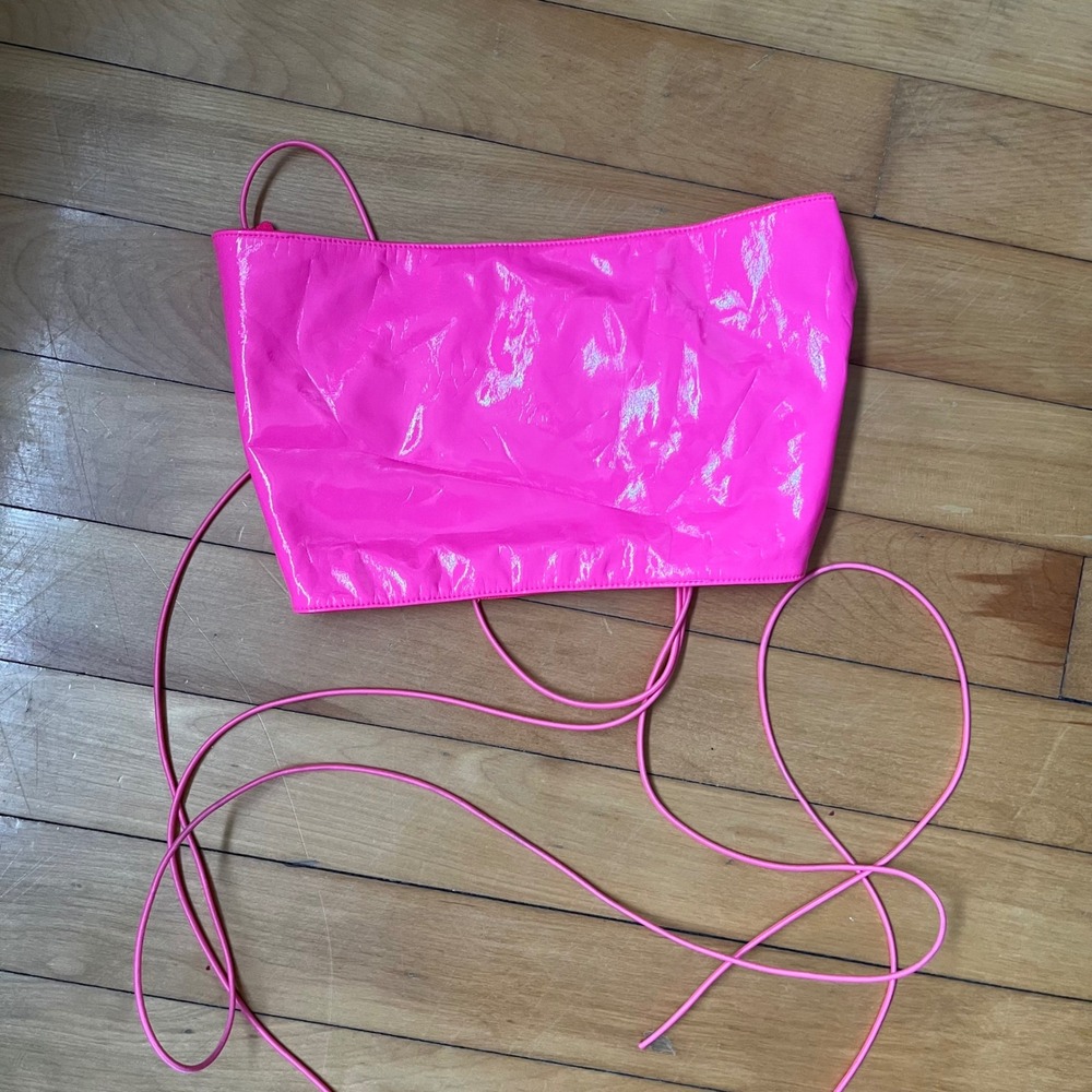 Club Exx Dolls Kill Neon Pink Patent Vinyl Lace Up Bandeau Tube Top Small NWT